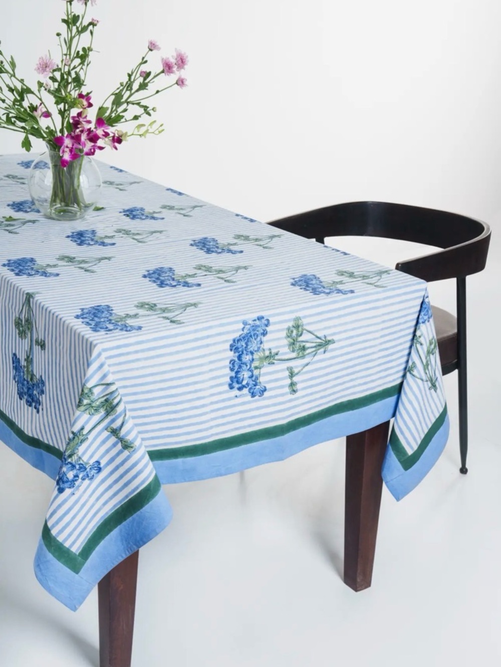 Blue Hydrangea Stripe Tablecloth by Inner Child